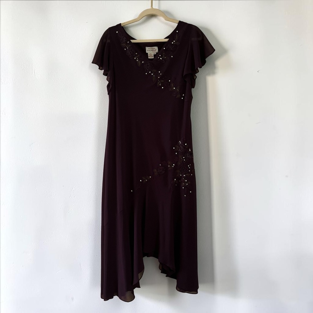 Vintage Adrianna Papell Dress Women's 14 Plum Purple Handkerchief Hem Embroidery